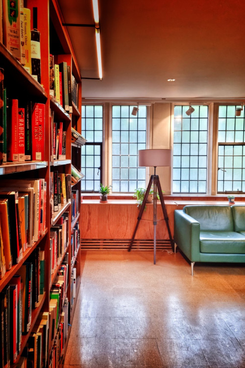 A bookcase on the left receding to a back wall which has a standing lamp and green sofa against it. 